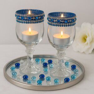 Handmade Crystal Goblet Candle Holders – Blue & Silver Jeweled Rim (Set of 2)